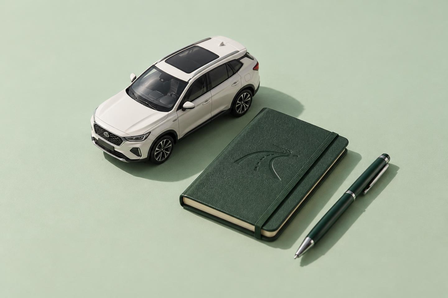 A miniature car beside a green logbook and pen
