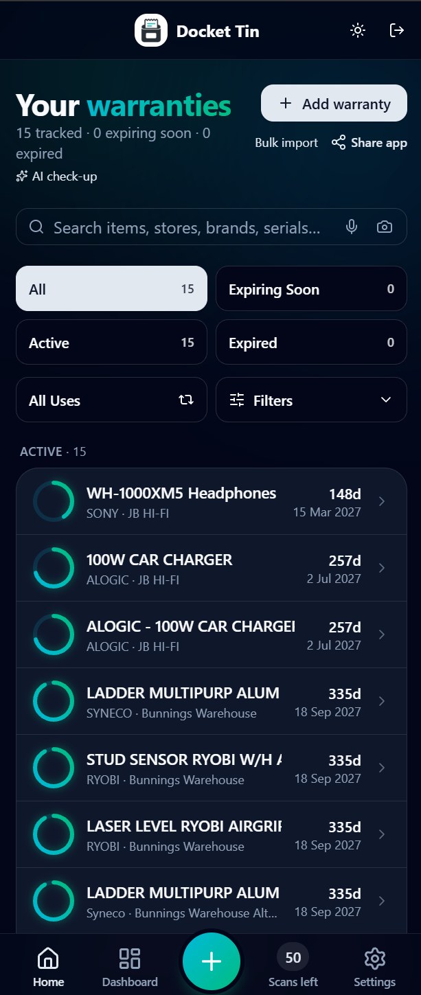 Docket Tin warranty list on a phone
